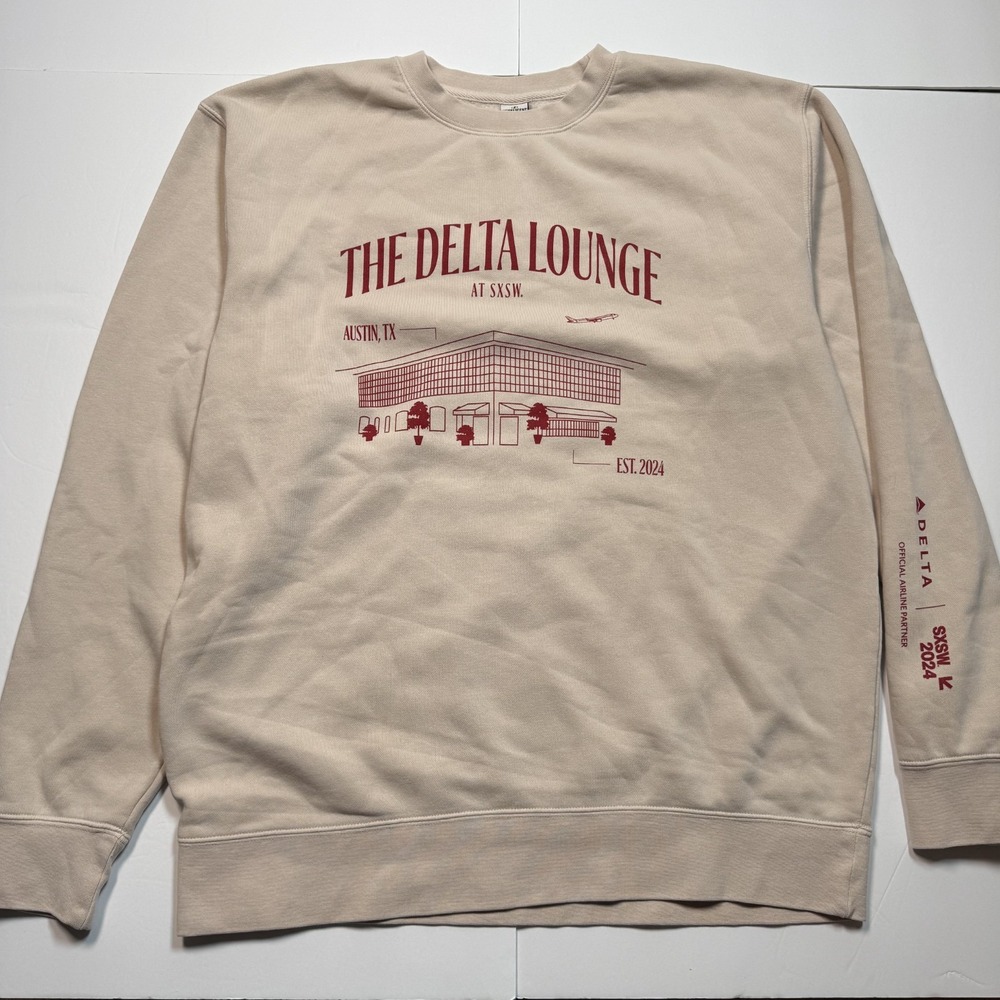 Official Delta Air Lines SXSW 2024 Crewneck Sweatshirt Men Size Large Beige Red